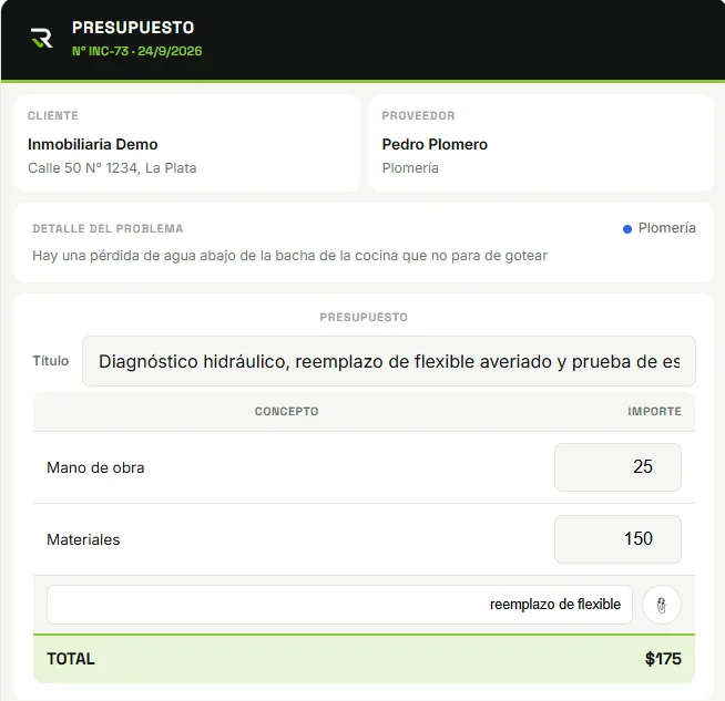 Detalle de presupuesto con desglose de mano de obra y materiales